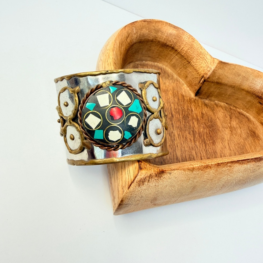 Vintage Tibetan Nepal Silver Brass Turquoise Coral Mosaic Statement Cuff